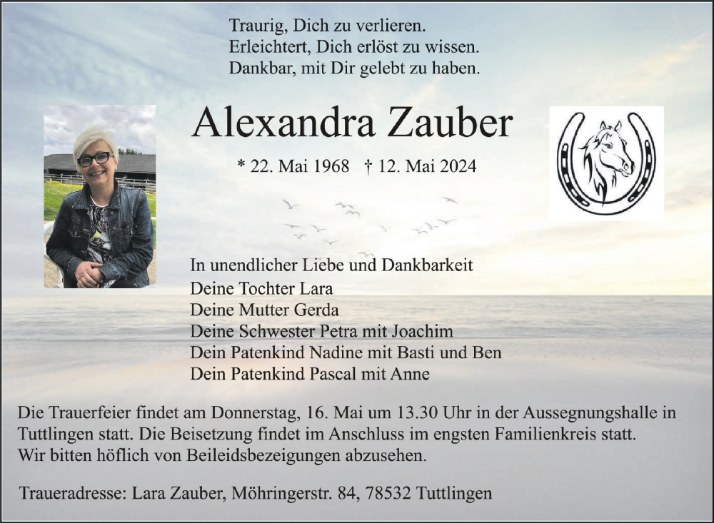  Traueranzeige für Alexandra Zauber vom 15.05.2024 aus Schwäbische Zeitung