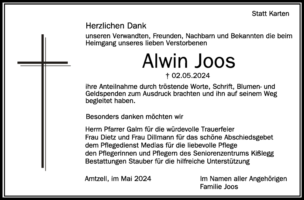  Traueranzeige für Alwin Joos vom 18.05.2024 aus Schwäbische Zeitung