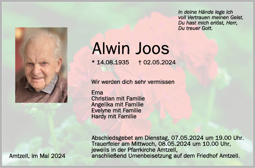  Traueranzeige für Alwin Joos vom 06.05.2024 aus Schwäbische Zeitung