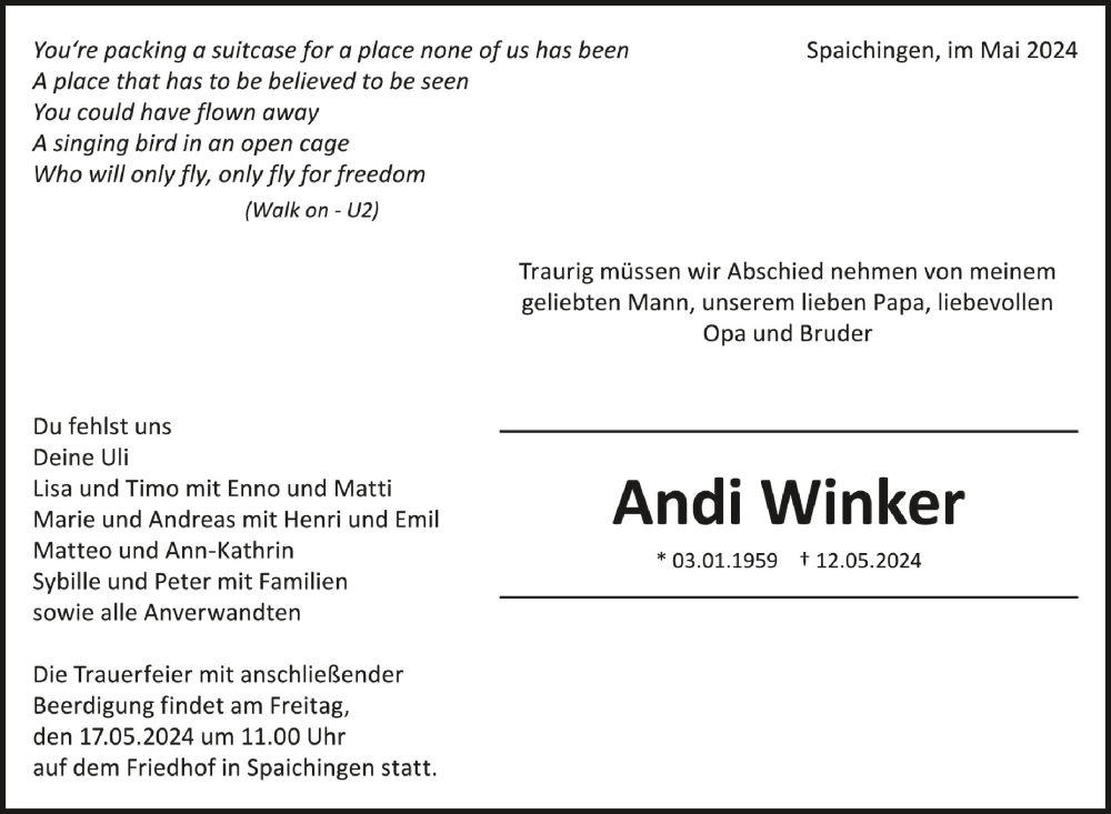  Traueranzeige für Andi Winker vom 15.05.2024 aus Schwäbische Zeitung