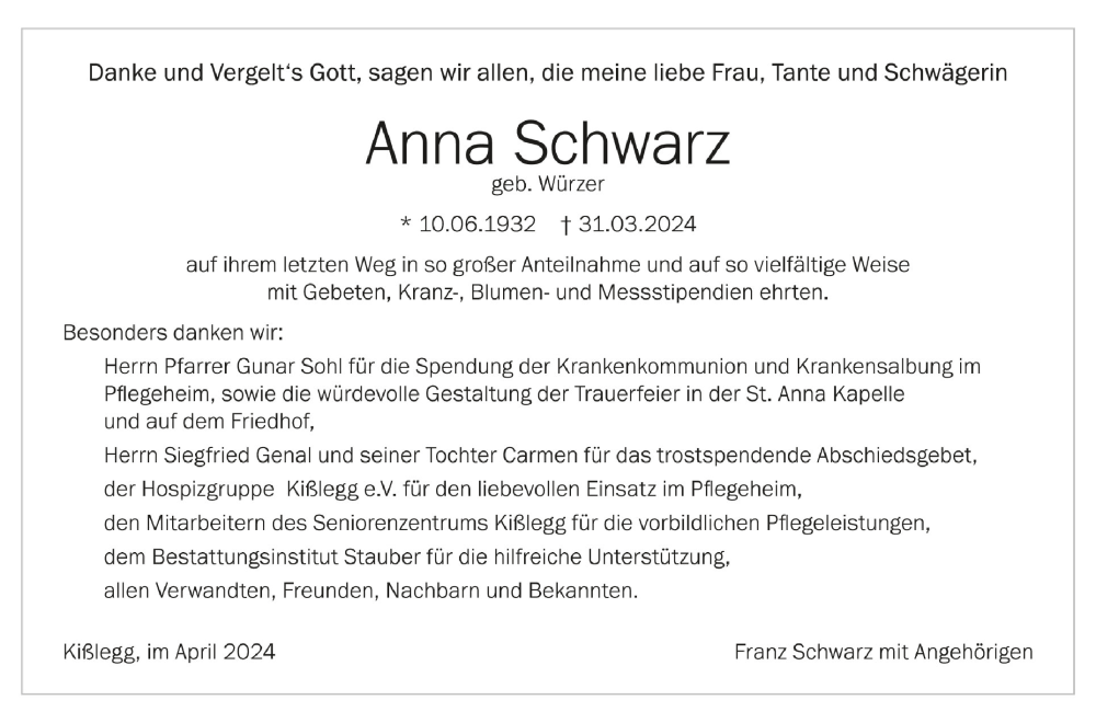  Traueranzeige für Anna Schwarz vom 08.05.2024 aus Schwäbische Zeitung