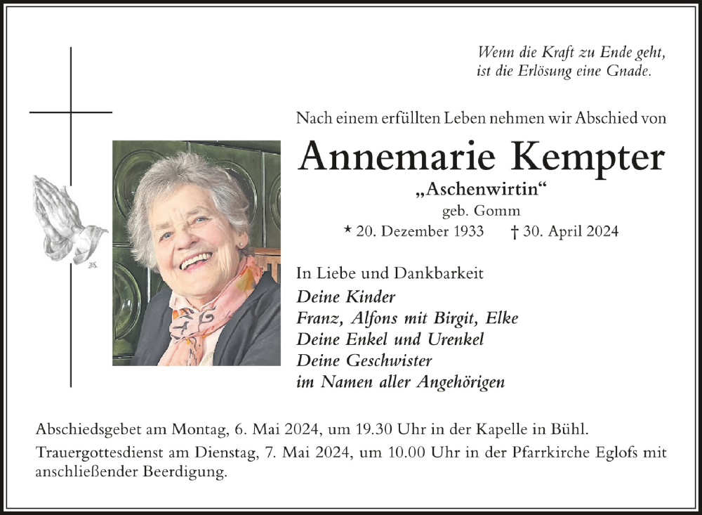  Traueranzeige für Annemarie Kempter vom 04.05.2024 aus Schwäbische Zeitung
