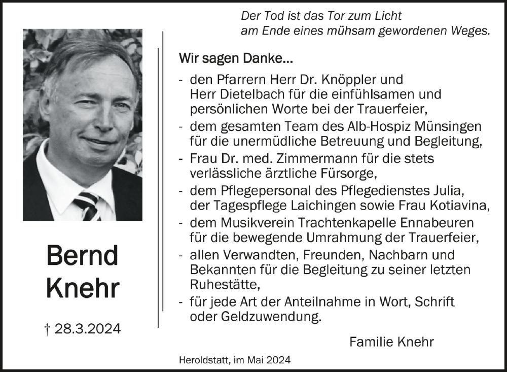  Traueranzeige für Bernd Knehr vom 02.05.2024 aus Schwäbische Zeitung