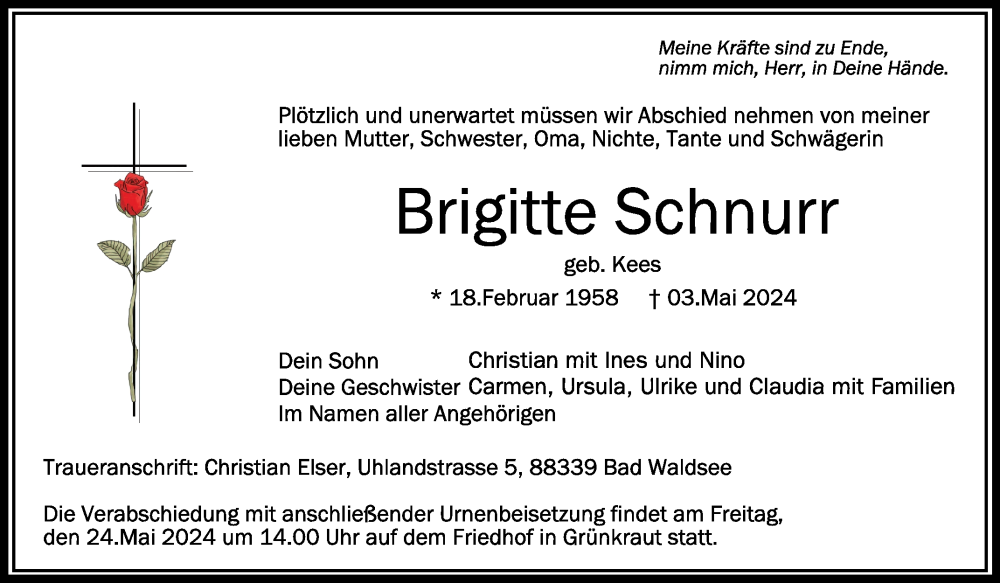  Traueranzeige für Brigitte Schnurr vom 18.05.2024 aus Schwäbische Zeitung