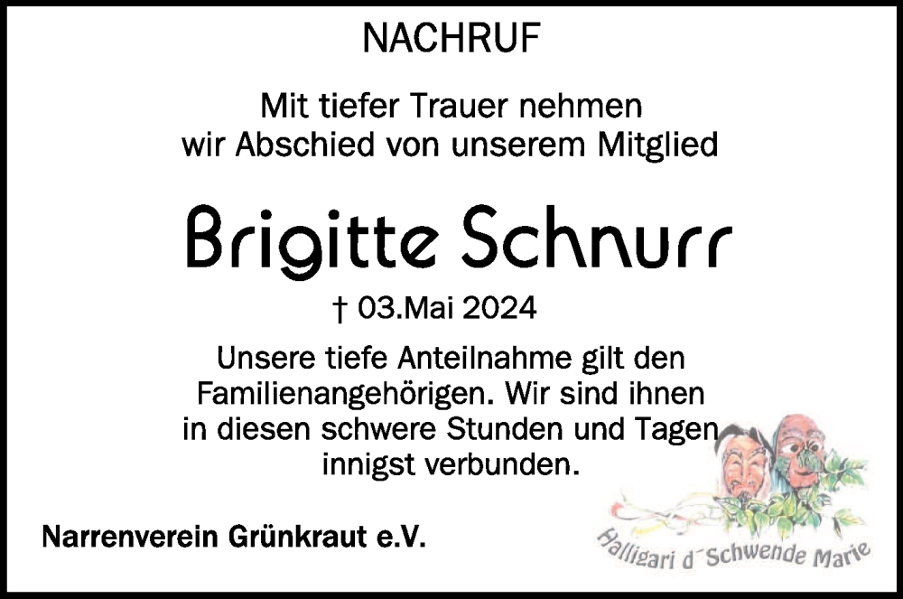  Traueranzeige für Brigitte Schnurr vom 22.05.2024 aus Schwäbische Zeitung