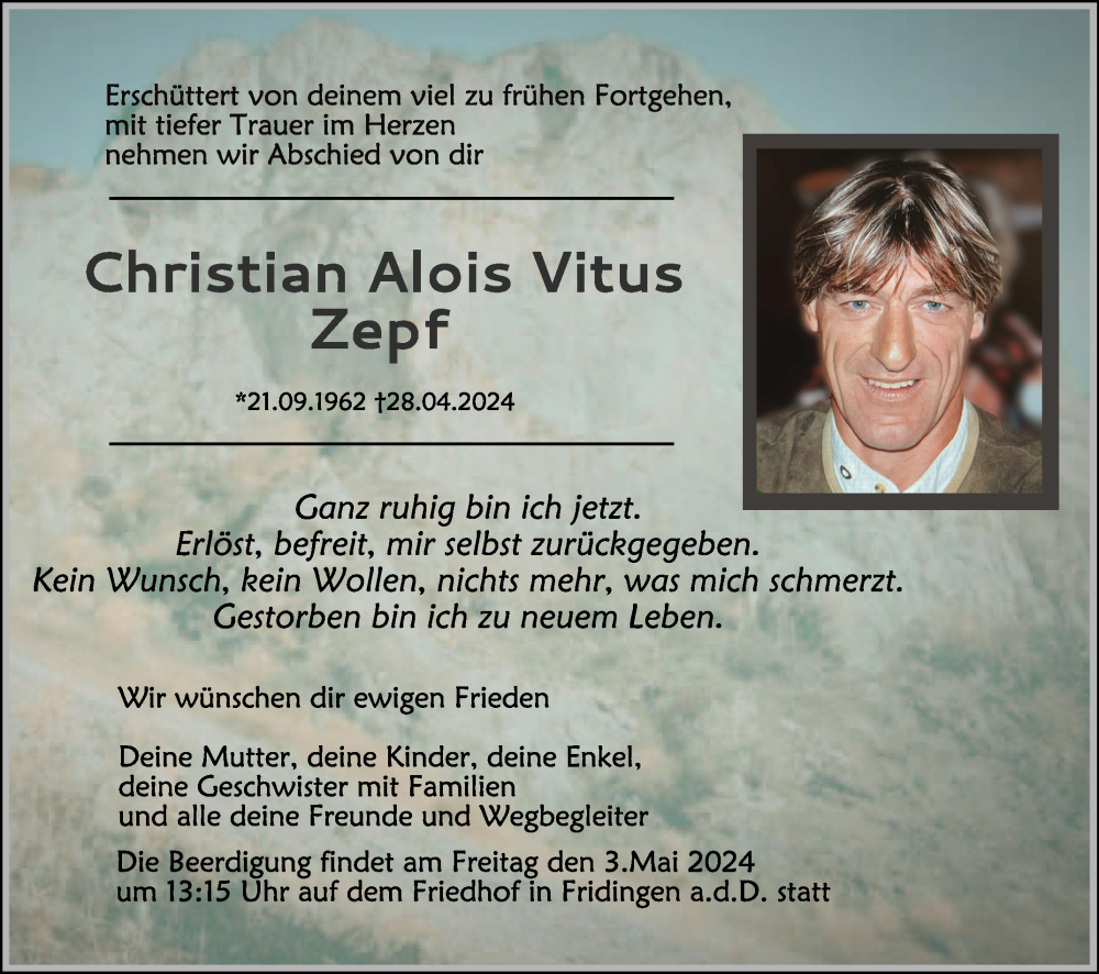  Traueranzeige für Christian Alois Vitus Zepf vom 03.05.2024 aus Schwäbische Zeitung