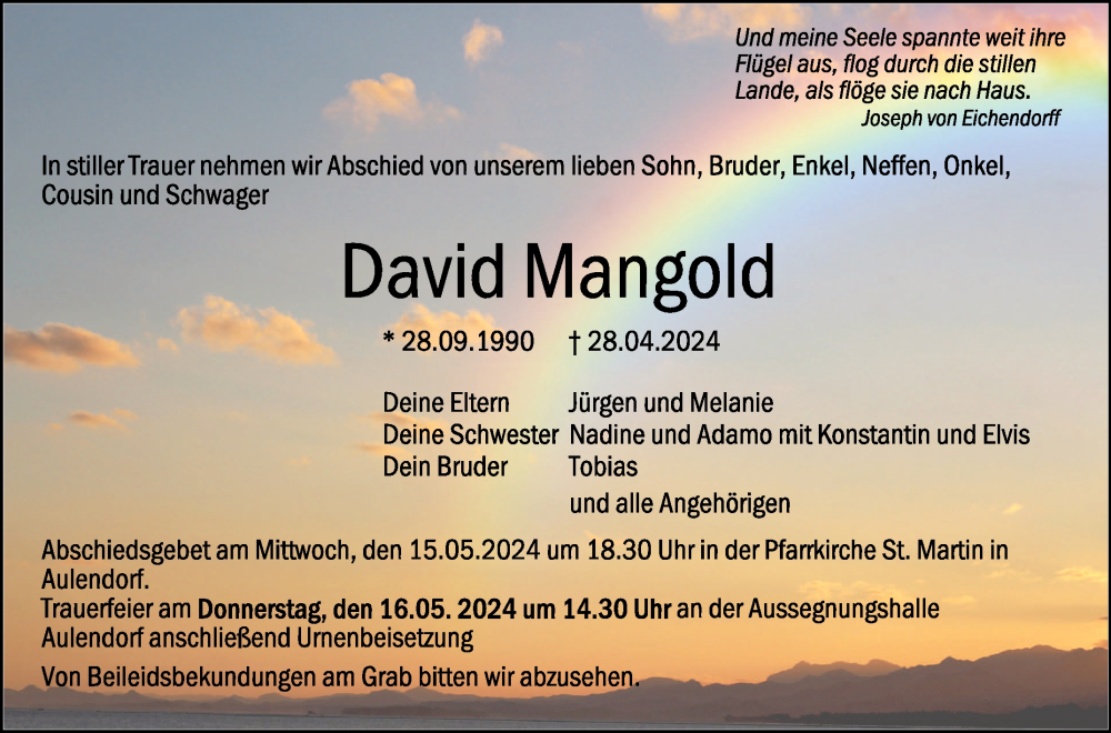  Traueranzeige für David Mangold vom 11.05.2024 aus Schwäbische Zeitung