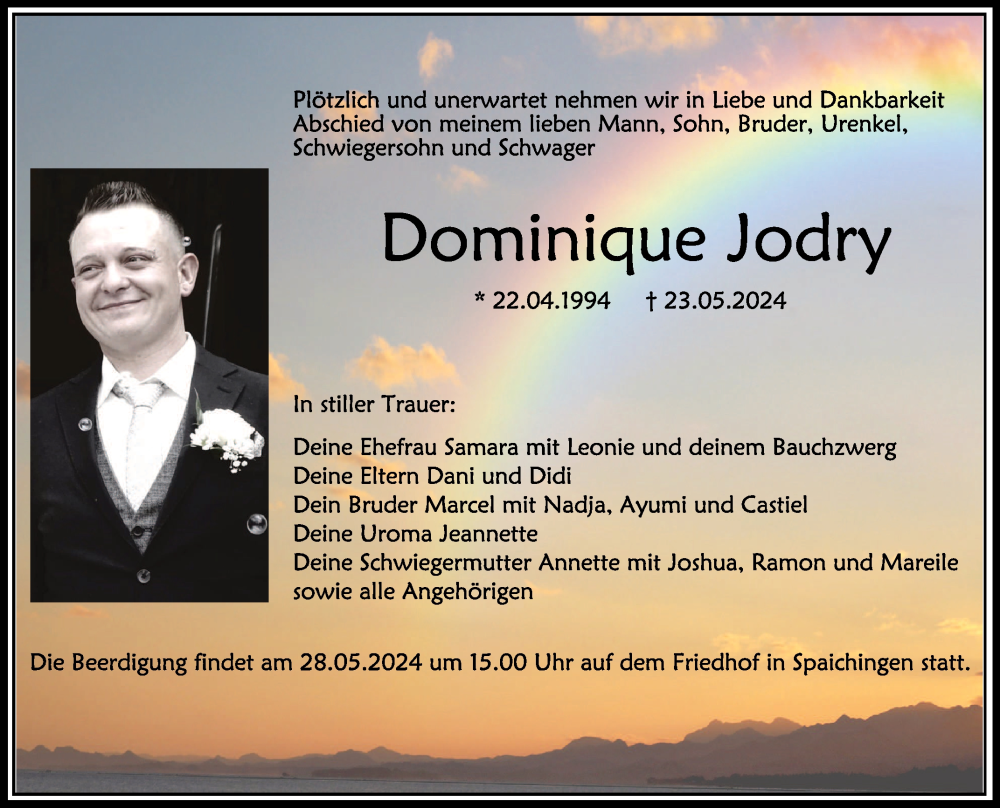  Traueranzeige für Dominique Jodry vom 25.05.2024 aus Schwäbische Zeitung