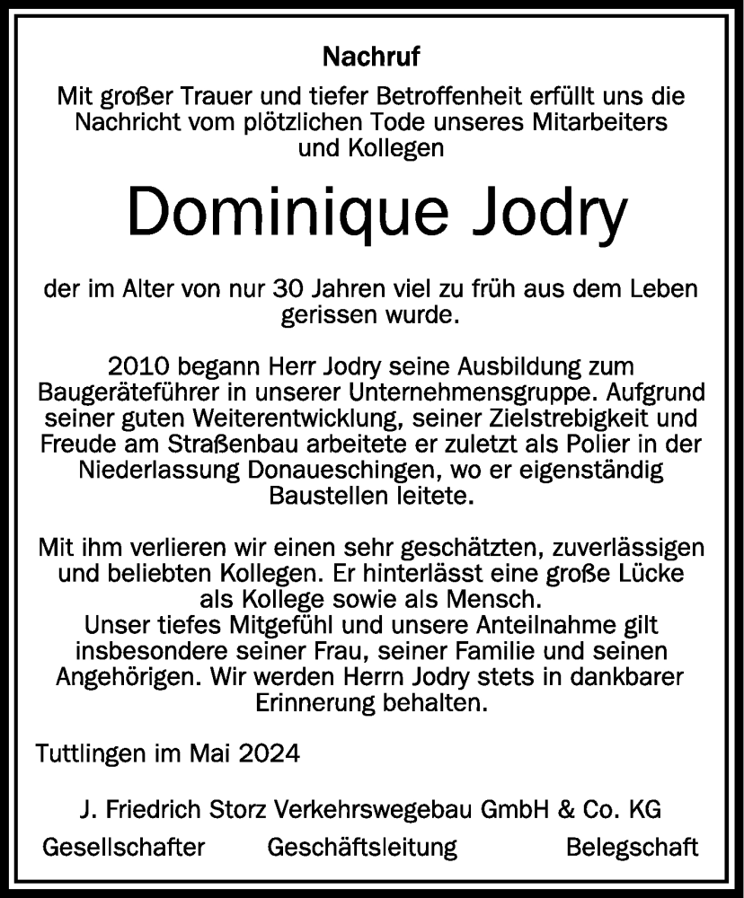  Traueranzeige für Dominique Jodry vom 28.05.2024 aus Schwäbische Zeitung