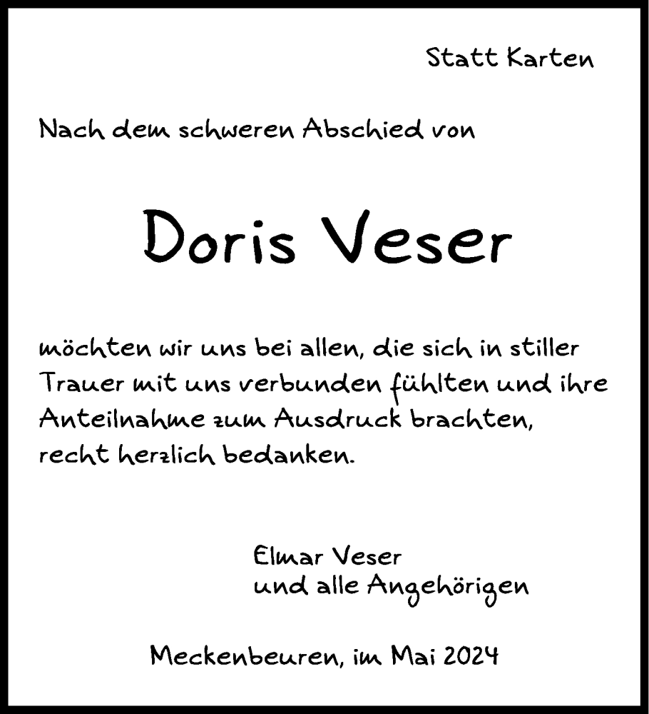  Traueranzeige für Doris Veser vom 18.05.2024 aus Schwäbische Zeitung