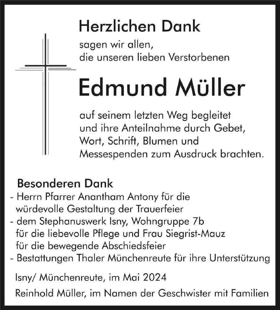  Traueranzeige für Edmund Müller vom 15.05.2024 aus Schwäbische Zeitung