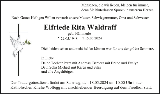 Anzeige von Elfriede Rita Waldraff von Schwäbische Zeitung