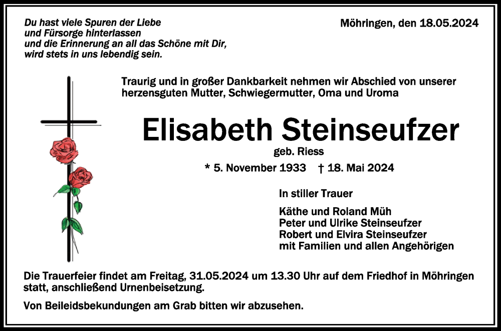  Traueranzeige für Elisabeth Steinseufzer vom 25.05.2024 aus Schwäbische Zeitung
