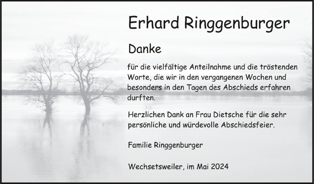  Traueranzeige für Erhard Ringgenburger vom 11.05.2024 aus Schwäbische Zeitung