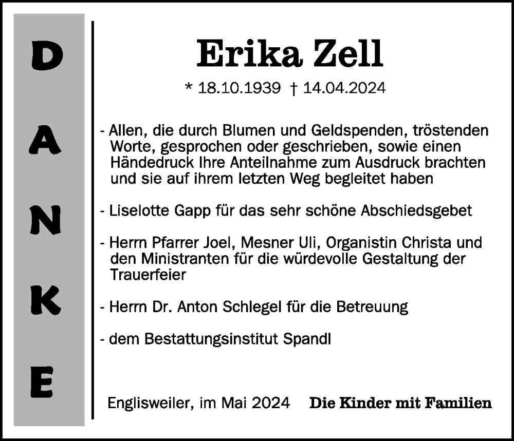  Traueranzeige für Erika Zell vom 11.05.2024 aus Schwäbische Zeitung