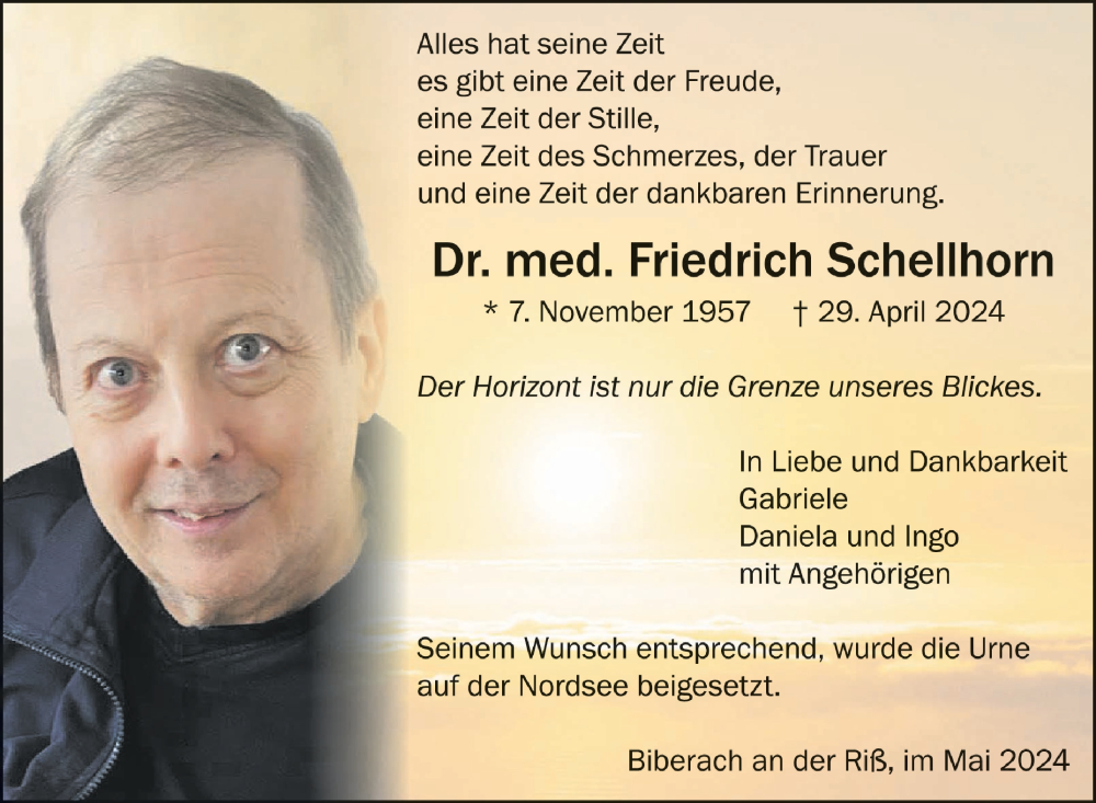  Traueranzeige für Friedrich Schellhorn vom 18.05.2024 aus Schwäbische Zeitung