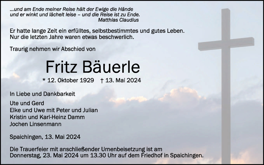  Traueranzeige für Fritz Bäuerle vom 18.05.2024 aus Schwäbische Zeitung