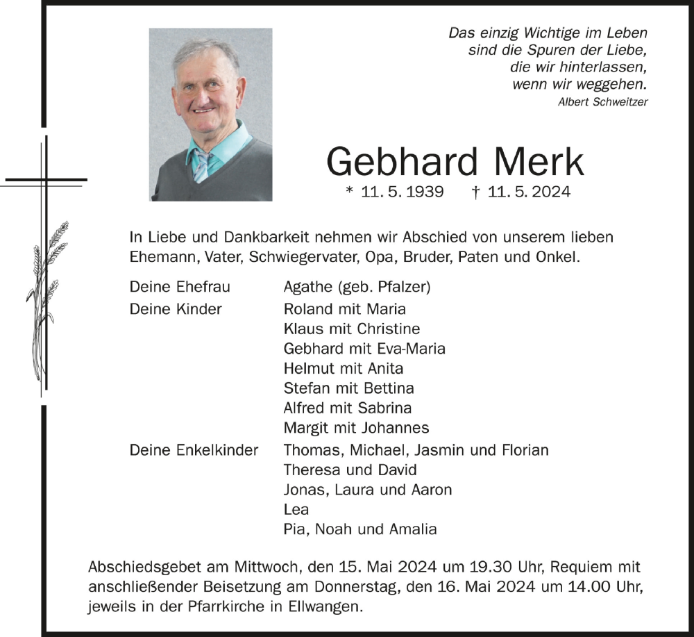  Traueranzeige für Gebhard Merk vom 14.05.2024 aus Schwäbische Zeitung