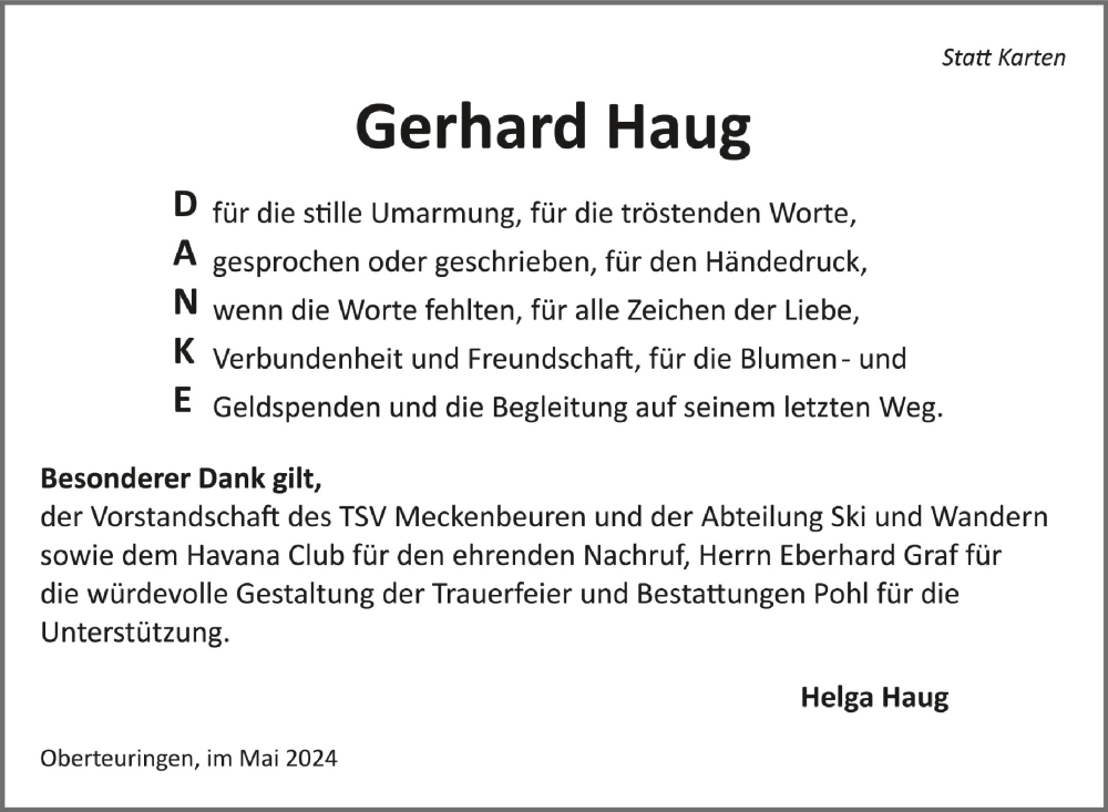  Traueranzeige für Gerhard Haug vom 18.05.2024 aus Schwäbische Zeitung