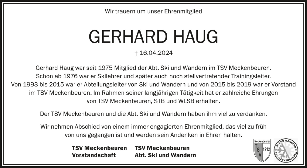  Traueranzeige für Gerhard Haug vom 04.05.2024 aus Schwäbische Zeitung