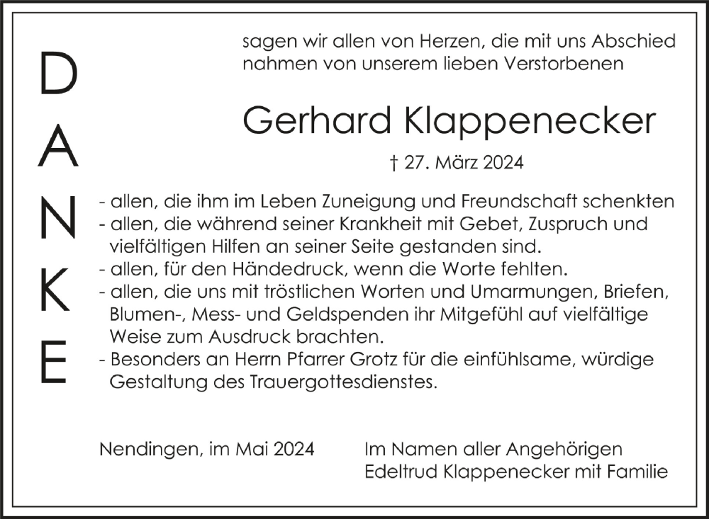  Traueranzeige für Gerhard Klappenecker vom 18.05.2024 aus Schwäbische Zeitung