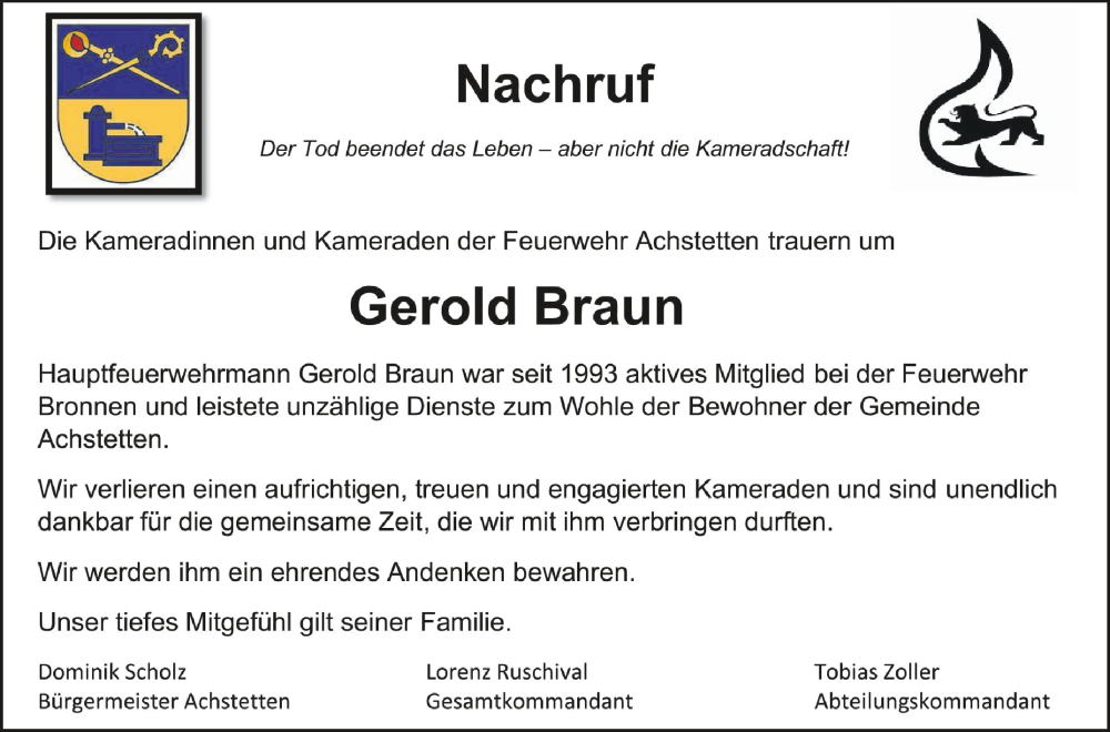  Traueranzeige für Gerold Braun vom 15.05.2024 aus Schwäbische Zeitung