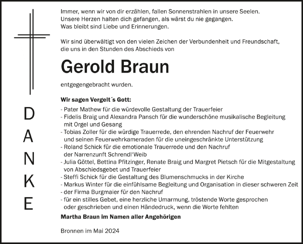  Traueranzeige für Gerold Braun vom 25.05.2024 aus Schwäbische Zeitung