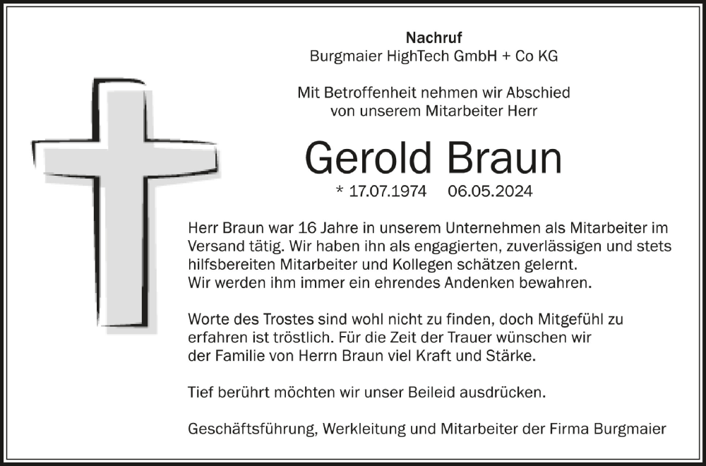  Traueranzeige für Gerold Braun vom 18.05.2024 aus Schwäbische Zeitung