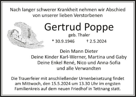 Anzeige von Gertrud Poppe von Schwäbische Zeitung