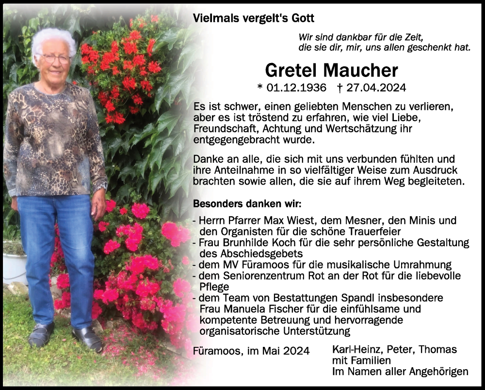  Traueranzeige für Gretel Maucher vom 11.05.2024 aus Schwäbische Zeitung