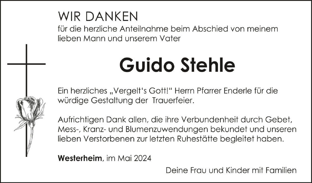  Traueranzeige für Guido Stehle vom 04.05.2024 aus Schwäbische Zeitung