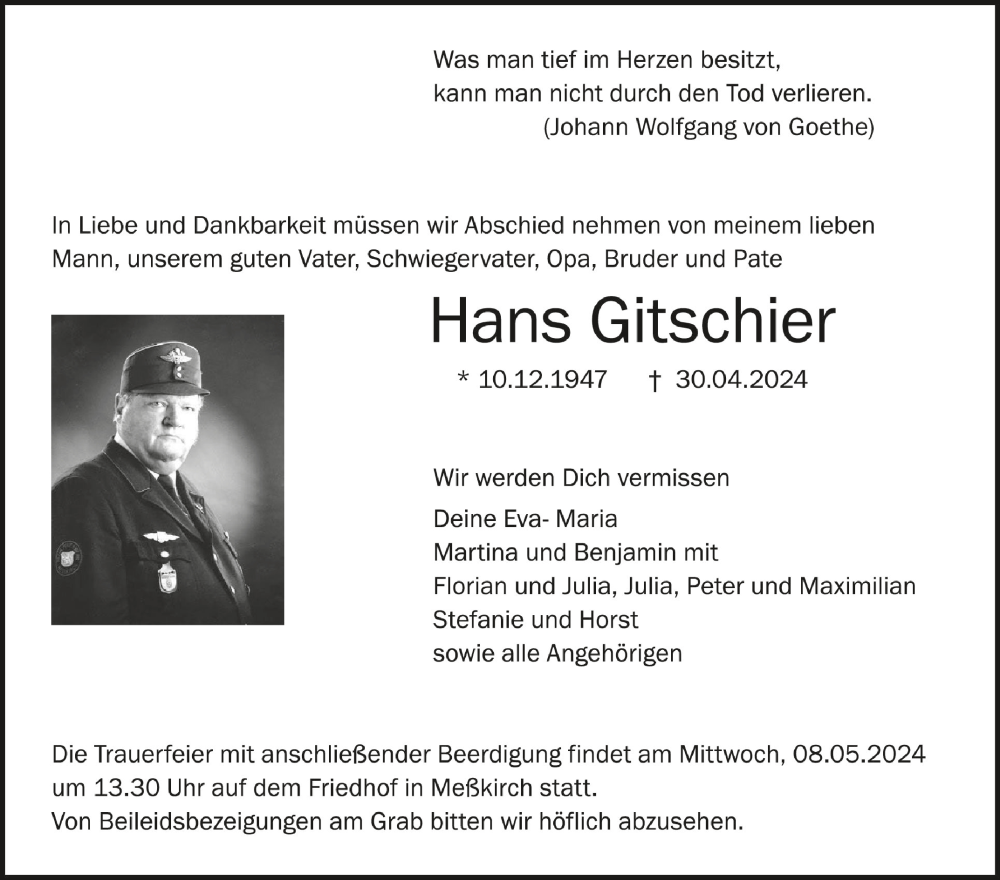  Traueranzeige für Hans Gitschier vom 04.05.2024 aus Schwäbische Zeitung