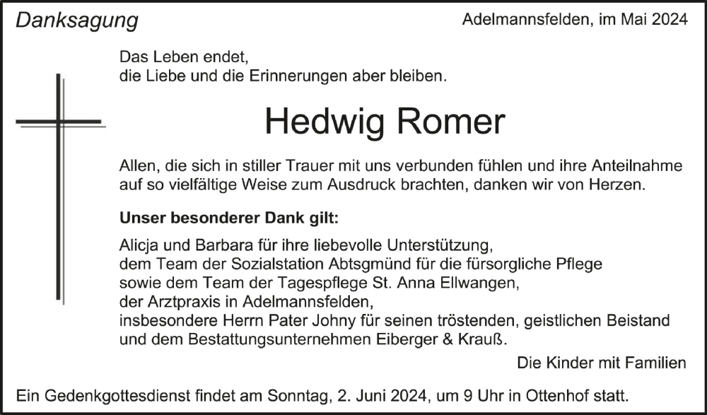  Traueranzeige für Hedwig Romer vom 28.05.2024 aus Schwäbische Zeitung