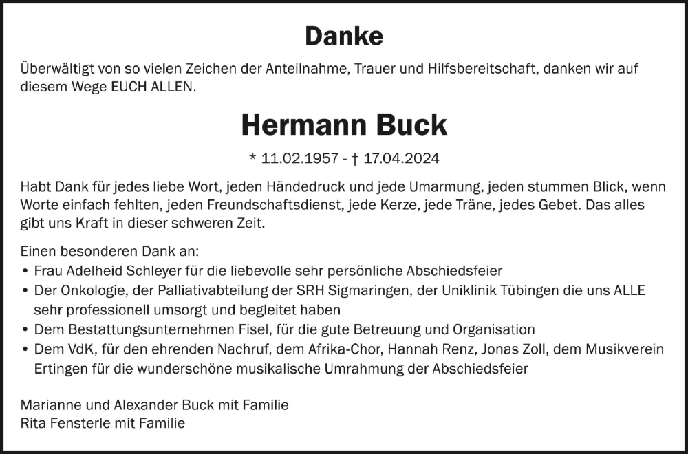  Traueranzeige für Hermann Buck vom 11.05.2024 aus Schwäbische Zeitung