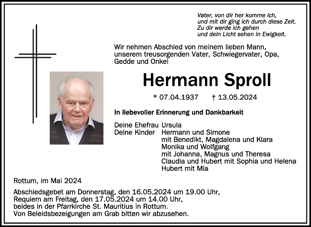  Traueranzeige für Hermann Sproll vom 15.05.2024 aus Schwäbische Zeitung