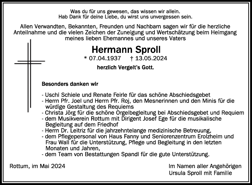  Traueranzeige für Hermann Sproll vom 25.05.2024 aus Schwäbische Zeitung