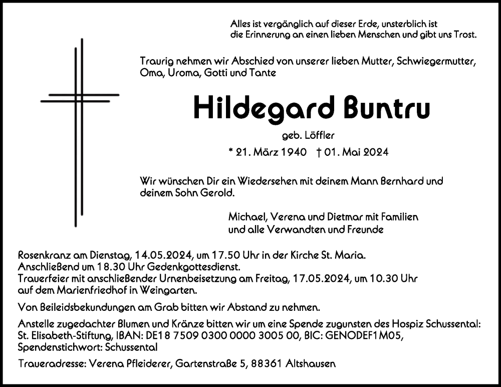  Traueranzeige für Hildegard Buntru vom 04.05.2024 aus Schwäbische Zeitung