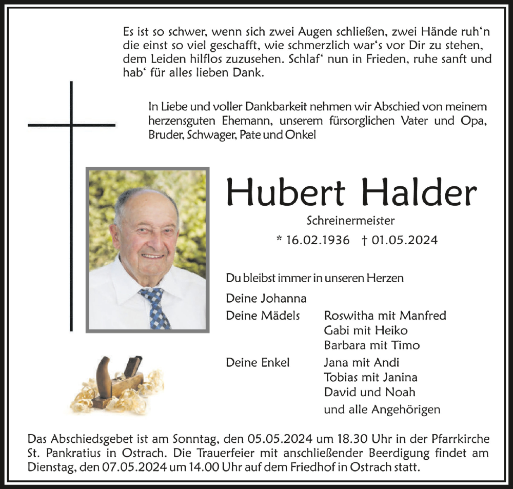  Traueranzeige für Hubert Halder vom 04.05.2024 aus Schwäbische Zeitung