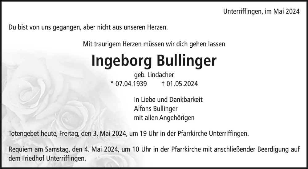  Traueranzeige für Ingeborg Bullinger vom 03.05.2024 aus Schwäbische Zeitung