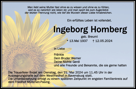 Anzeige von Ingeborg Homberg von Schwäbische Zeitung