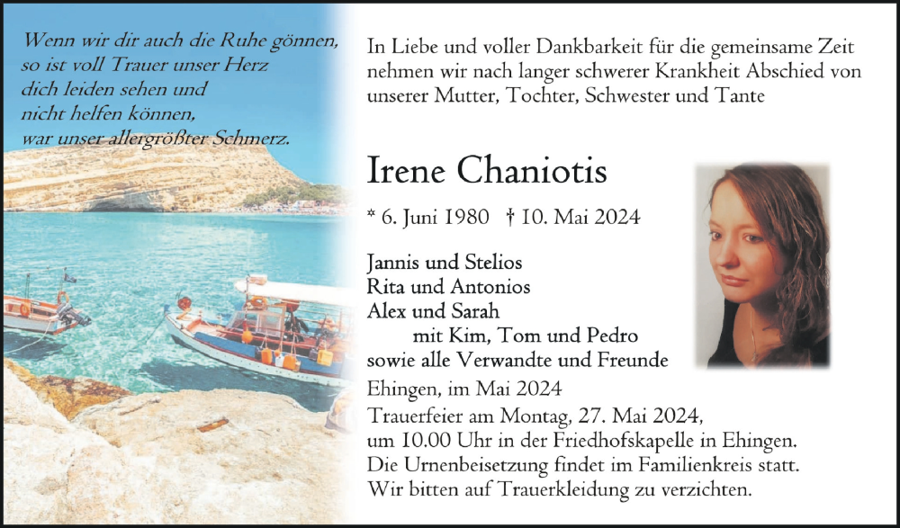  Traueranzeige für Irene Chaniotis vom 22.05.2024 aus Schwäbische Zeitung