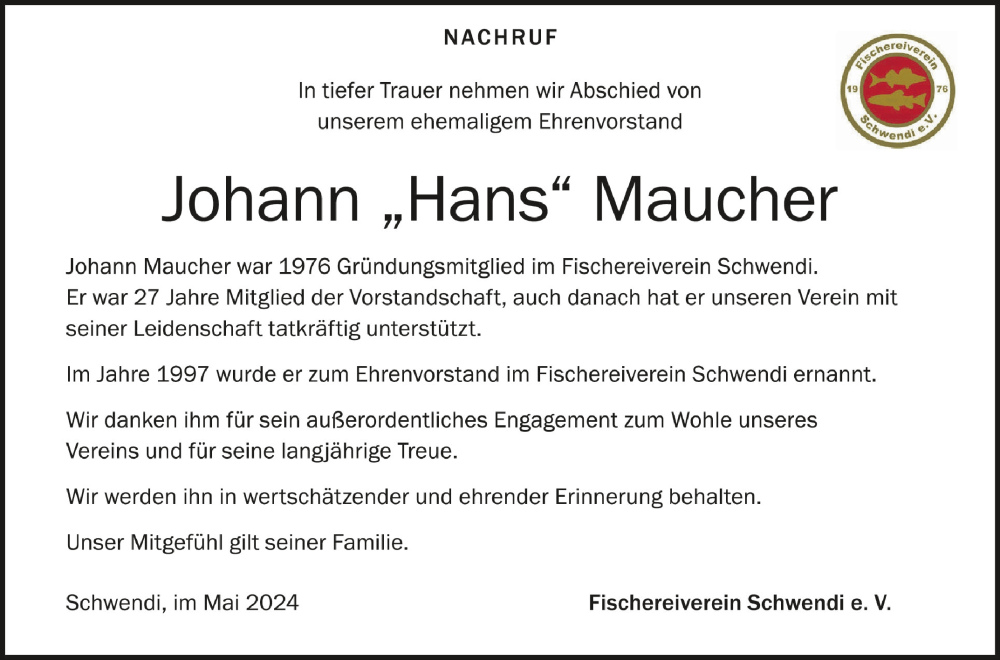  Traueranzeige für Johann Maucher vom 11.05.2024 aus Schwäbische Zeitung