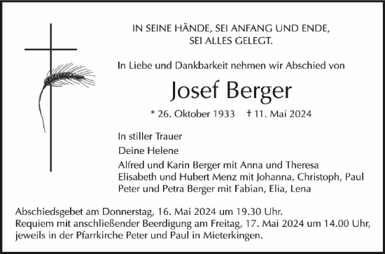 Anzeige von Josef Berger von Schwäbische Zeitung