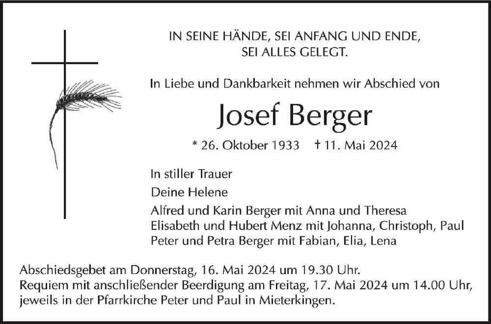  Traueranzeige für Josef Berger vom 14.05.2024 aus Schwäbische Zeitung