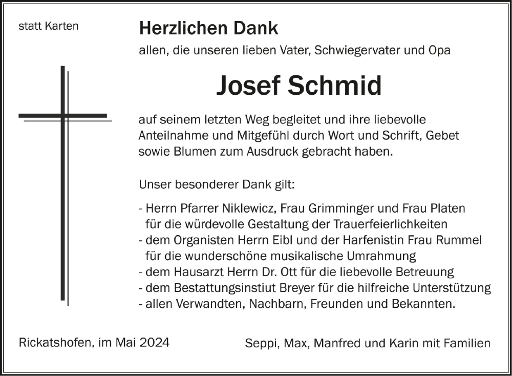  Traueranzeige für Josef Schmid vom 04.05.2024 aus Schwäbische Zeitung