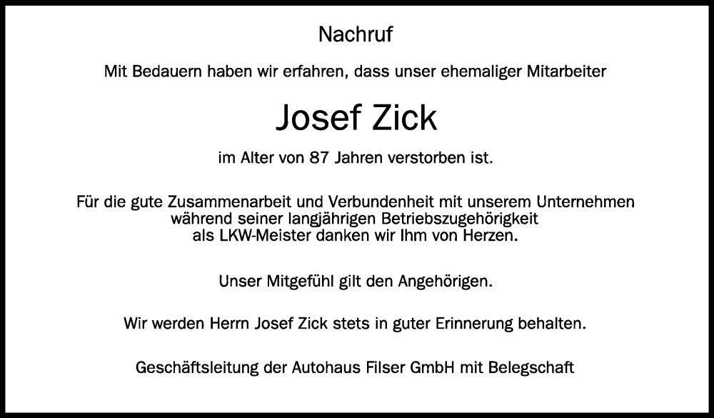  Traueranzeige für Josef Zick vom 18.05.2024 aus Schwäbische Zeitung
