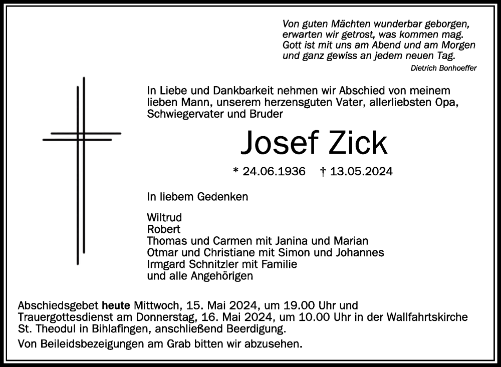  Traueranzeige für Josef Zick vom 15.05.2024 aus Schwäbische Zeitung