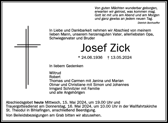 Anzeige von Josef Zick von Schwäbische Zeitung