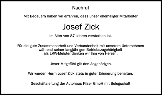 Anzeige von Josef Zick von Schwäbische Zeitung