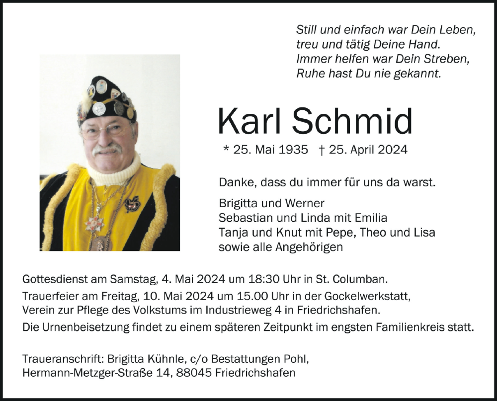  Traueranzeige für Karl Schmid vom 02.05.2024 aus Schwäbische Zeitung